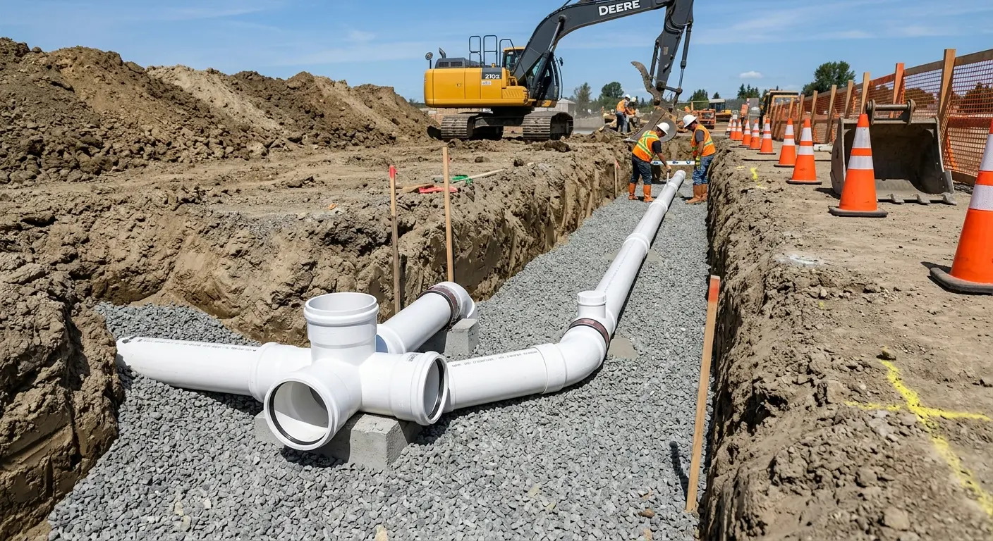 New PVC sewer pipe installation in open trench for Sewer Backup in Fox Point