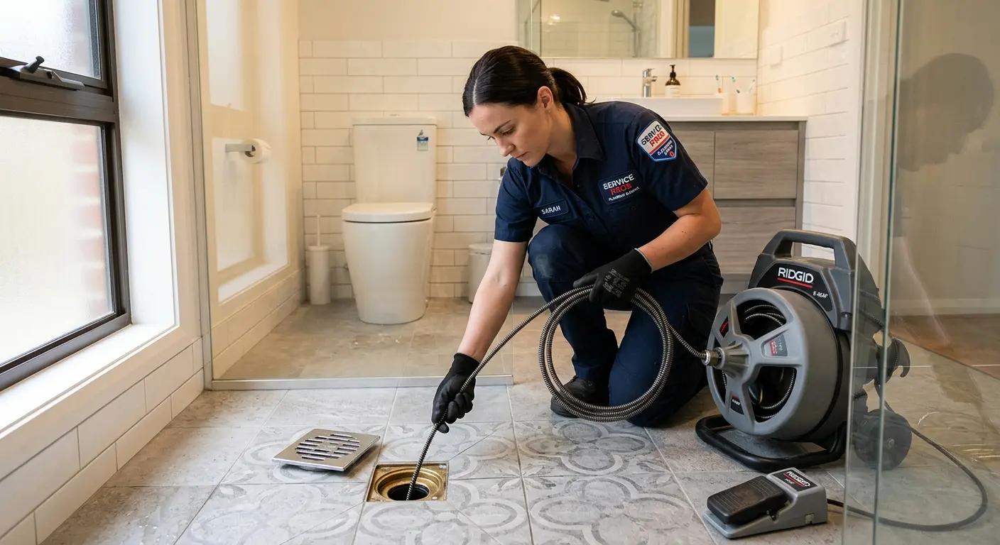 Technician clearing a bathroom floor drain for Drain Cleaning in Fox Point